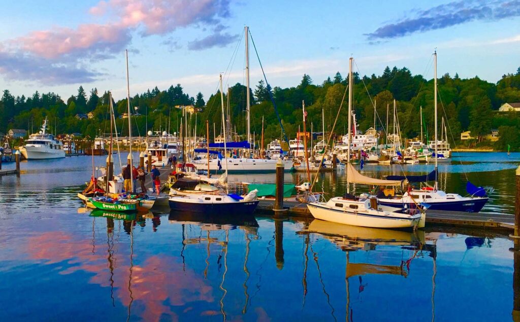 Gig Harbor WA marina with coastal charm and spring sunshine